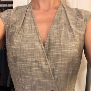 Green-gray linen a-line wrap dress